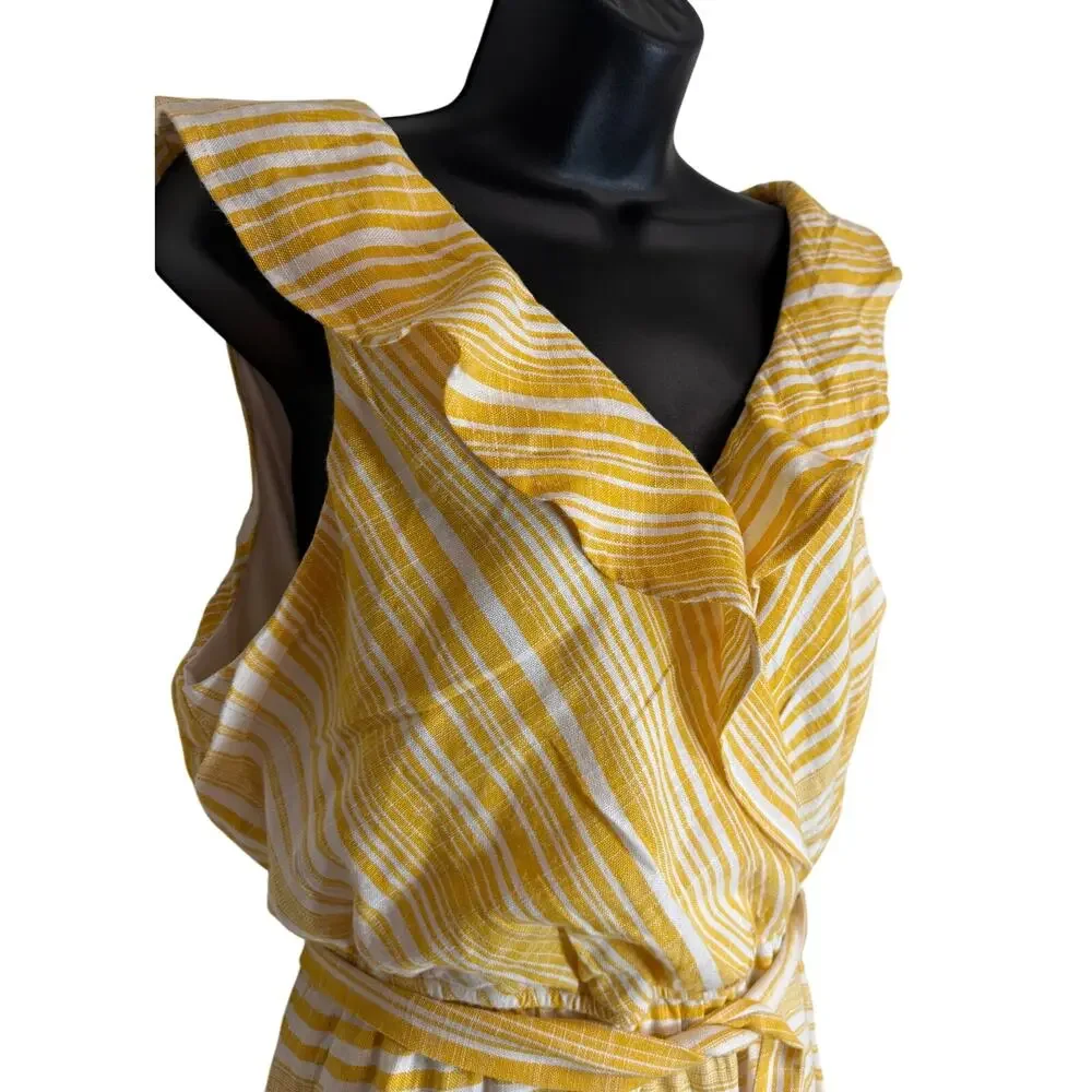 June & Hudson Yellow Stripe Ruffle Dress XL Linen Blend Belted Summer Beach EUC